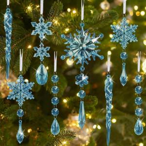 Lot de 16 décorations en cristal pour sapin de Noël – Flocon de neige en acrylique – Gouttes de glace – Décoration d&rsquo;arbre de Noël – Flocons de neige suspendus – Pour Noël, fête, mariage, hiver(Bleu)