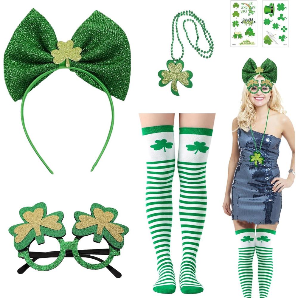 imageStPatricks Day Parade Costume Accessoires SerreTte SaintPatrick Lunettes Collier Chaussettes Irlandaises et Tatouages Temporaires pour Femme Carnaval Soire Dguise