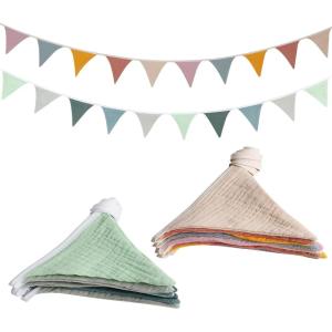 AiQInu Fanions Guirlande, Guirlande de Fanions pour Chambre d&rsquo;enfant en Tissu, Bannière De Drapeau À Suspendre pour Chambre à Coucher, Fêtes d&rsquo;anniversaire ou Décoration de Mariage(Couleurs Arc-en-ciel Morandi + Vert Frais)