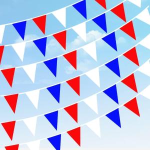 Banderole de 10 m rouge bleu blanc en tissu nylon réutilisable avec 26 drapeaux triangulaires pour anniversaire, mariage, décoration de jardin en plein air(Rouge  Bleu et Blanc)