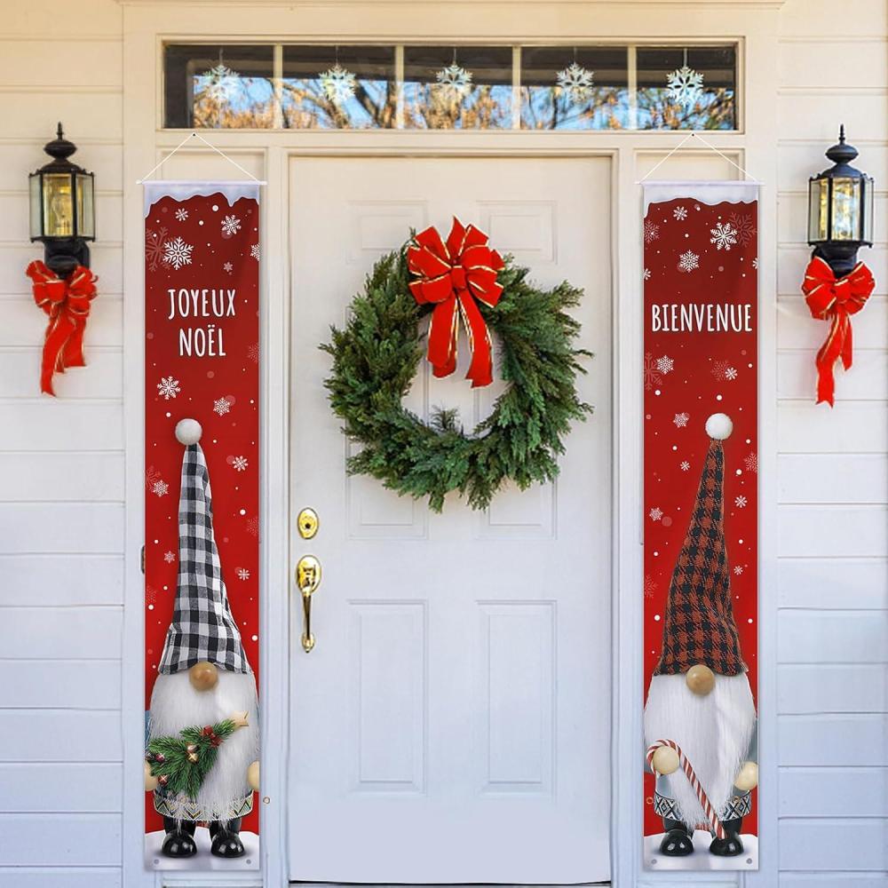 imageCOLOFALLA 2PCS Bannires de Porte Nol Banderole Joyeux Nol et Bienvenue Dcoration Banderole en Franais Extrieur Porche Motif GNOME Dcoration Banderole Rouge Suspendre Maison