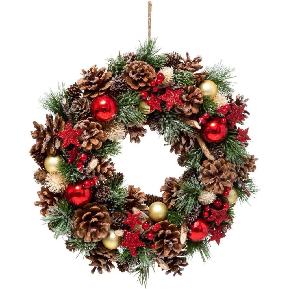 imageFEERIC Christmas Couronne de Nol Artificiel Branches de Houx toiles et Pommes de pin D 35 cmMulticolore