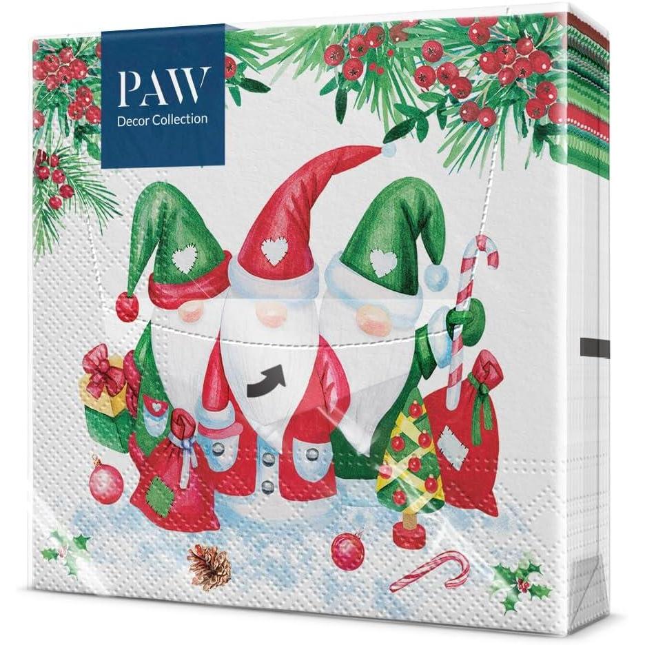 imagePAW Serviette Papier 3 Plis 33 x 33 cm I Lot de 20 I Serviette de Table Papier avec un Motif de Nol I Dcoration de Table Idale pour Nol Santas GiftsChristmas Gnomes