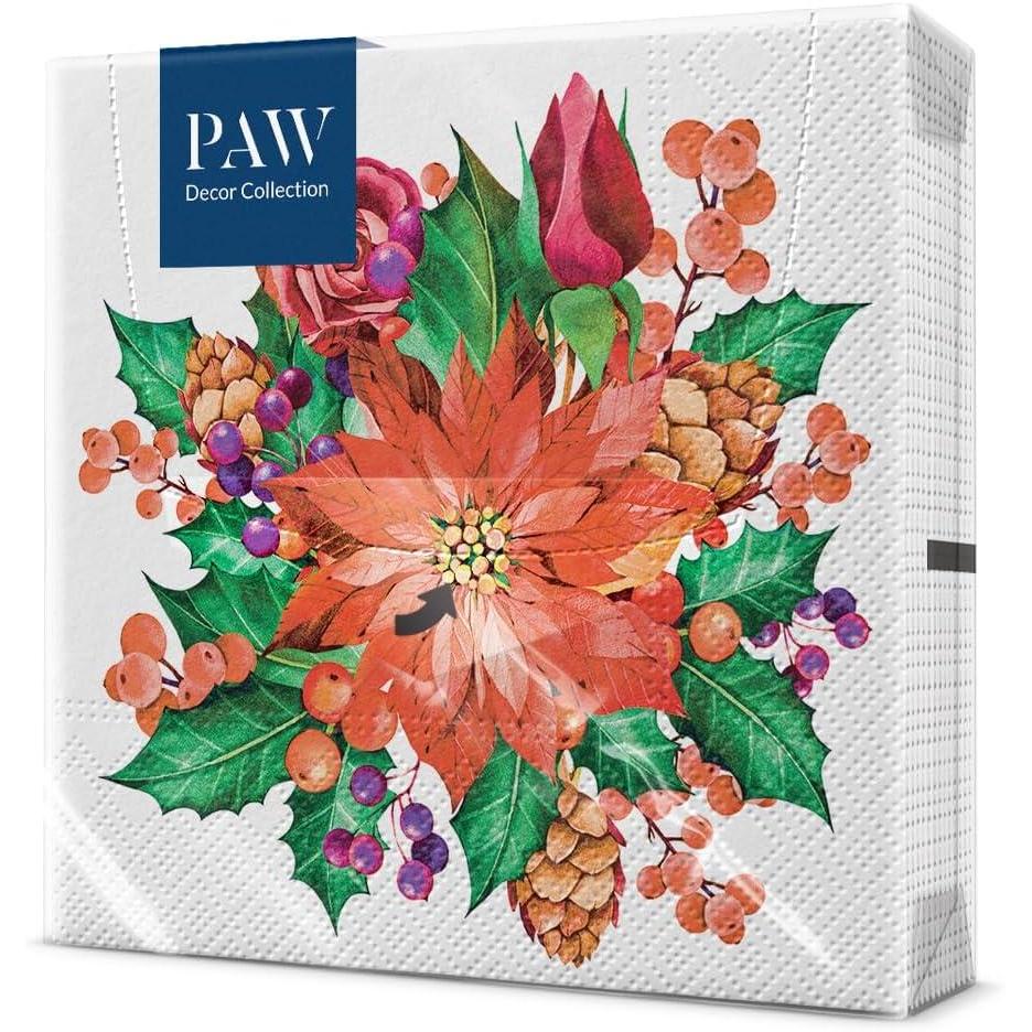 imagePAW Serviette Papier 3 Plis 33 x 33 cm I Lot de 20 I Serviette de Table Papier avec un Motif de Nol I Dcoration de Table Idale pour Nol Santas GiftsPoinsettia With Cones