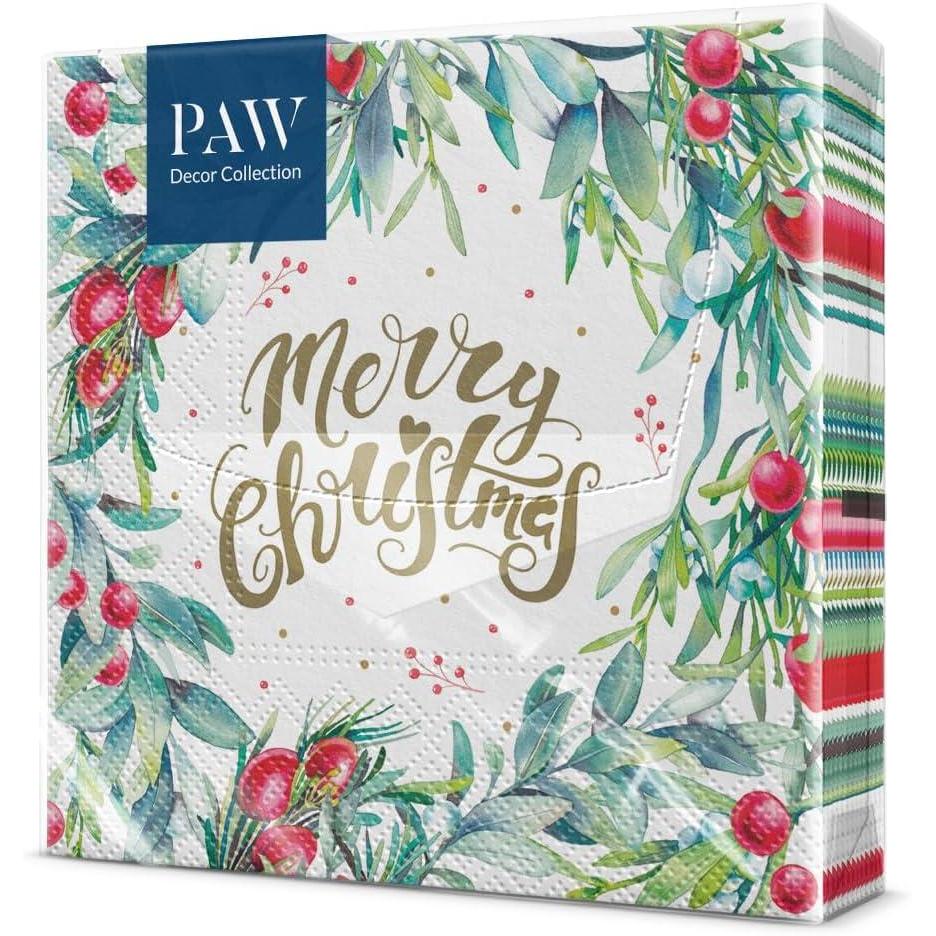 imagePAW Serviette Papier 3 Plis 33 x 33 cm I Lot de 20 I Serviette de Table Papier avec un Motif de Nol I Dcoration de Table Idale pour Nol Santas GiftsMerry Christmas Floral
