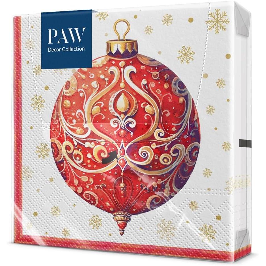 imagePAW Serviette Papier 3 Plis 33 x 33 cm I Lot de 20 I Serviette de Table Papier avec un Motif de Nol I Dcoration de Table Idale pour Nol Santas GiftsRed Bauble With Ornament