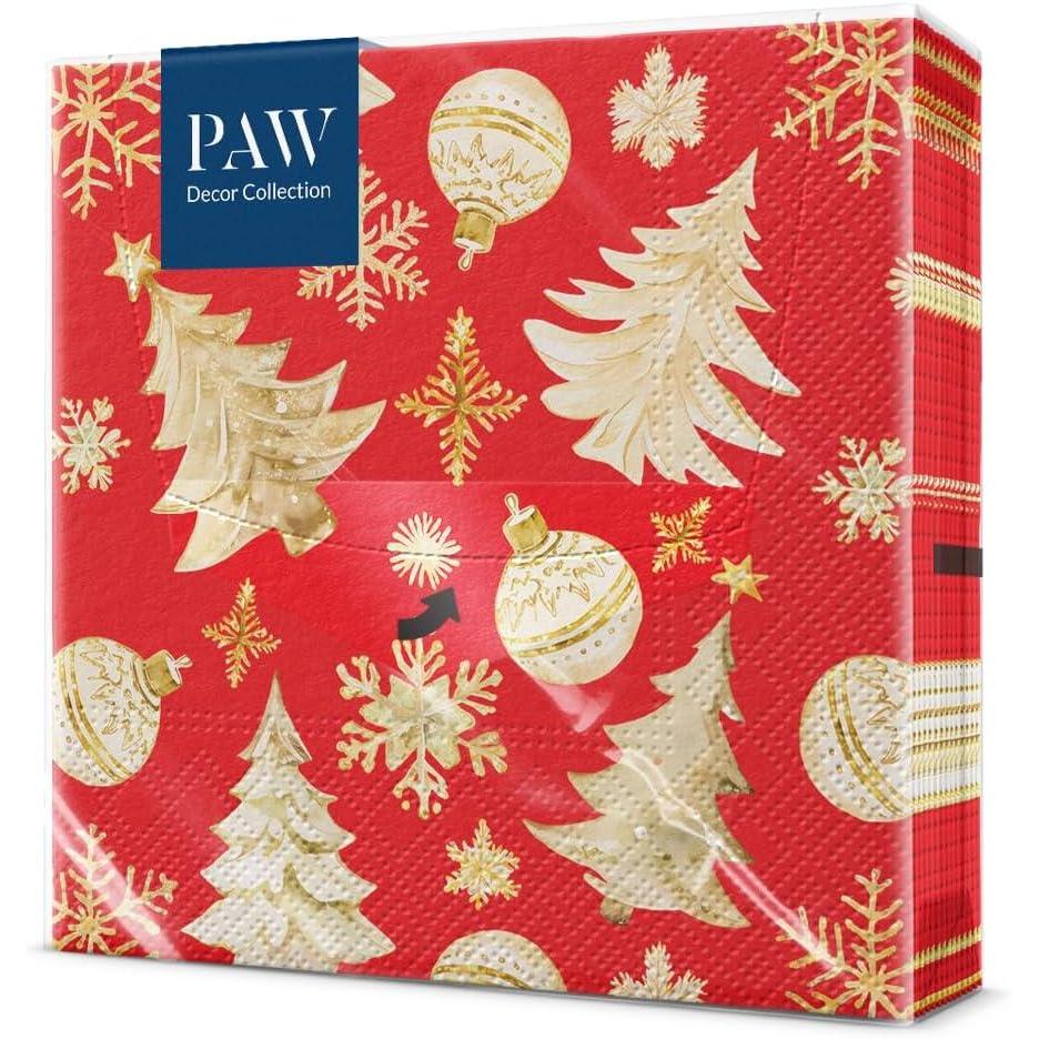 imagePAW Serviette Papier 3 Plis 33 x 33 cm I Lot de 20 I Serviette de Table Papier avec un Motif de Nol I Dcoration de Table Idale pour Nol Santas GiftsGolden Christmas Trees