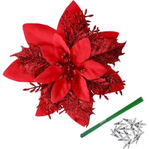 15 Pièces 14CM Fleurs de Noël Clignotant Poinsettia Artificiel Fleurs Arbre de Noël Ornements avec Clips Tiges pour DIY Guirlande Fête Maisons Vacances Décoration – Rouge(Rouge)