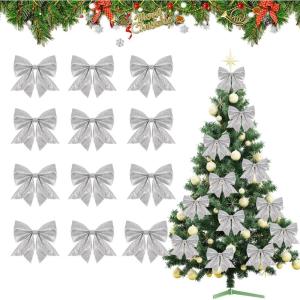 60pcs Noeuds de Ruban de Noël,Ornements Arbre de Noël Ruban Nœuds Papillons Pailleté pour Décoration de Sapin de Noel(4 Couleurs)(Argent)