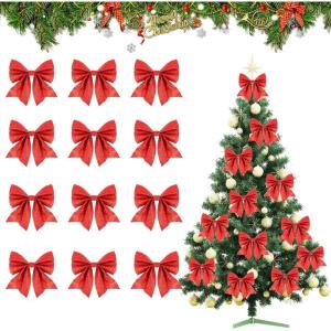 60pcs Noeuds de Ruban de Noël,Ornements Arbre de Noël Ruban Nœuds Papillons Pailleté pour Décoration de Sapin de Noel(4 Couleurs)(Rouge)