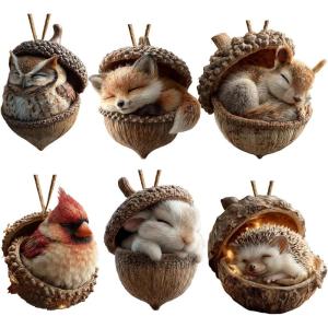 6pcs Ornements de Glands de forêt Confortables pour l’Arbre de Noël, Ornements de Noël d’Animaux des Bois, décor de Glands naturels, Ornement Suspendu en Acrylique
