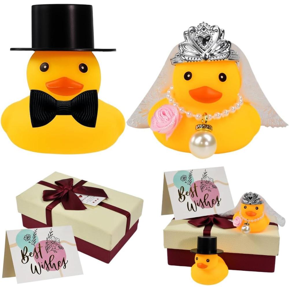 image2 Pcs Canards Mariage en PVC Canards pour Marie et Mari Amusant Canard Couple lgant Cadeau de Mariage avec Bijoux de Dco Coffret et Carte pour Maris Fianailles Accessoire Photo