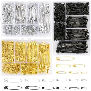 Lot de 300 épingles à nourrice – 6 Tailles de 18 à 53 mm – Résistantes à la Rouille – Épingles à nourrice durables – pour vêtements, Artisanat, Couture (argenté)(Argent + Noir + Or)