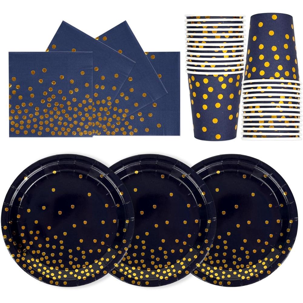 image:imageAnniversaire Vaisselle de fete 72 Pices Or Noir Party Assiettes en Papier Set Assiettes de Fte Jetables Papier Tasses Serviettesr pour Barbecue les Ftes les Piqueniques 24 InvitsOr Bleu Marine