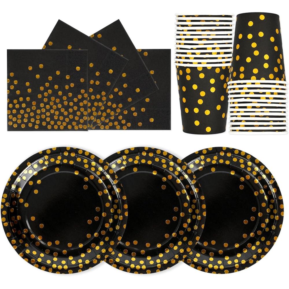 image:imageAnniversaire Vaisselle de fete 72 Pices Or Noir Party Assiettes en Papier Set Assiettes de Fte Jetables Papier Tasses Serviettesr pour Barbecue les Ftes les Piqueniques 24 InvitsOr Noir