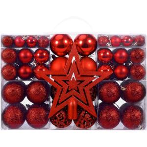 101 Boules de Noël avec des Décoration de Sapin de Noël de ∅3, 4 et 6 cm et des étoiles Rouges à Cinq Branches de 18 cm pour Noël, Nouvel an, Fêtes, Célébrations, Mariages et Décorations Festives