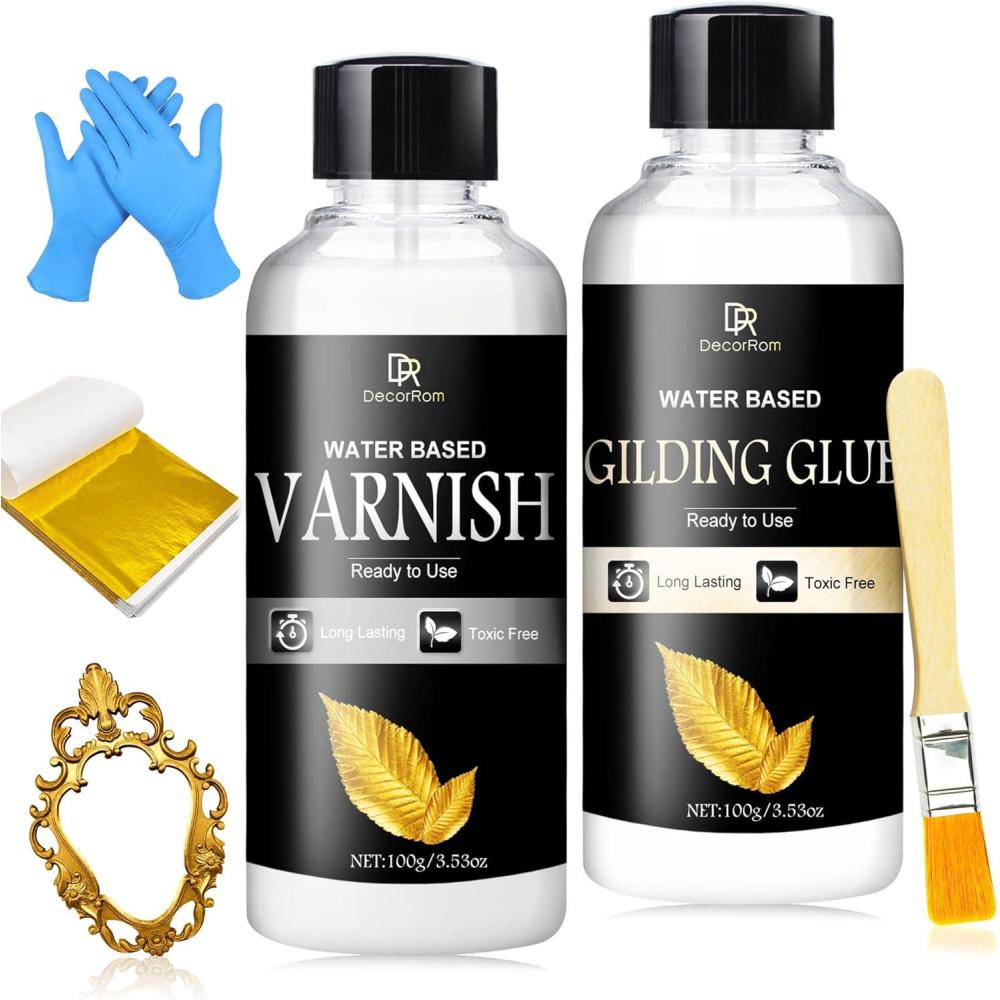 image:imageFeuille dor Kit 200ml Colle feuille dor pour lartisanat et Vernis de Protection base deau 100 Feuilles dor 2 Pinceaux Pour Bricolage Peinture Dcoration Artisanale et Professionnelle