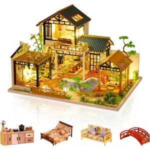 Cuteefun DIY Kit de Maison de Poupées Miniature a Construire en Bois vec Meubles Musique et Outils, Cadeau de Modèle de Maison d&rsquo;Artisanat Bricolage, Villa Orientale(Cour Verte)