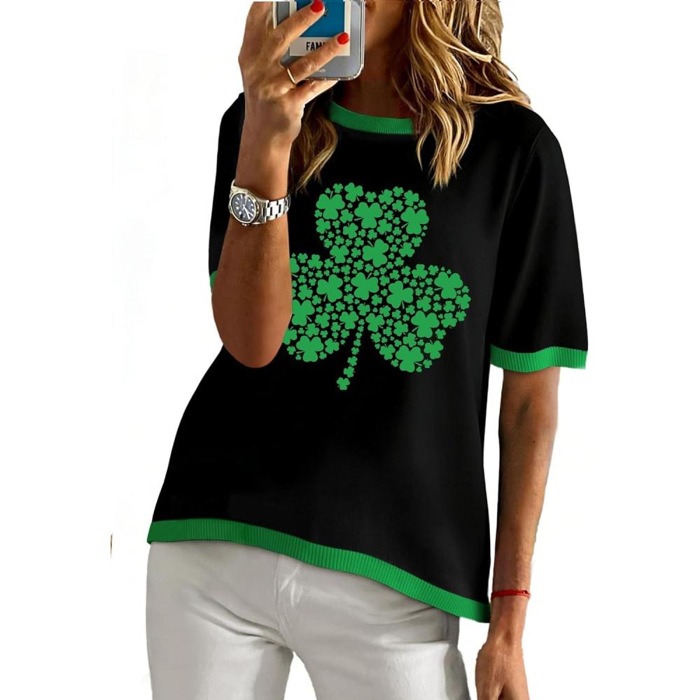 image:imageVVNTY Tshirt de jour St Patrick pour femme Motif trfle irlandais Tshirt drle Col rond Manches courtesNoir1