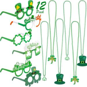 12 pièces Accessoires de Costume de la Saint-Patrick, Collier chapeau trèfle 6pcs, 6pcs St. Patrick&rsquo;s Day Papier Lunettes Cadres, pour Enfants Femmes Hommes la Saint-Patrick Costume Décoration