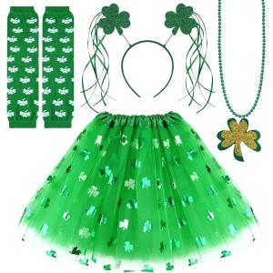 4 Pièces St.Patrick&rsquo;s Day Parade Costume Accessoires Set, Shamrock Green Tutu Tulle Skirt et Shamrock Headband Necklace, Accessoires de la Saint-Patrick, Deguisement Saint Patrick