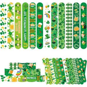 48pcs St. Patrick’s Day Slap Bracelet Shamrock Slap Bandes Bracelets de trèfle irlandais Lucky Saint Patricks Snap Bracelets avec Shamrock Trèfle Leprechaun bière pièces pour cadeaux de fête