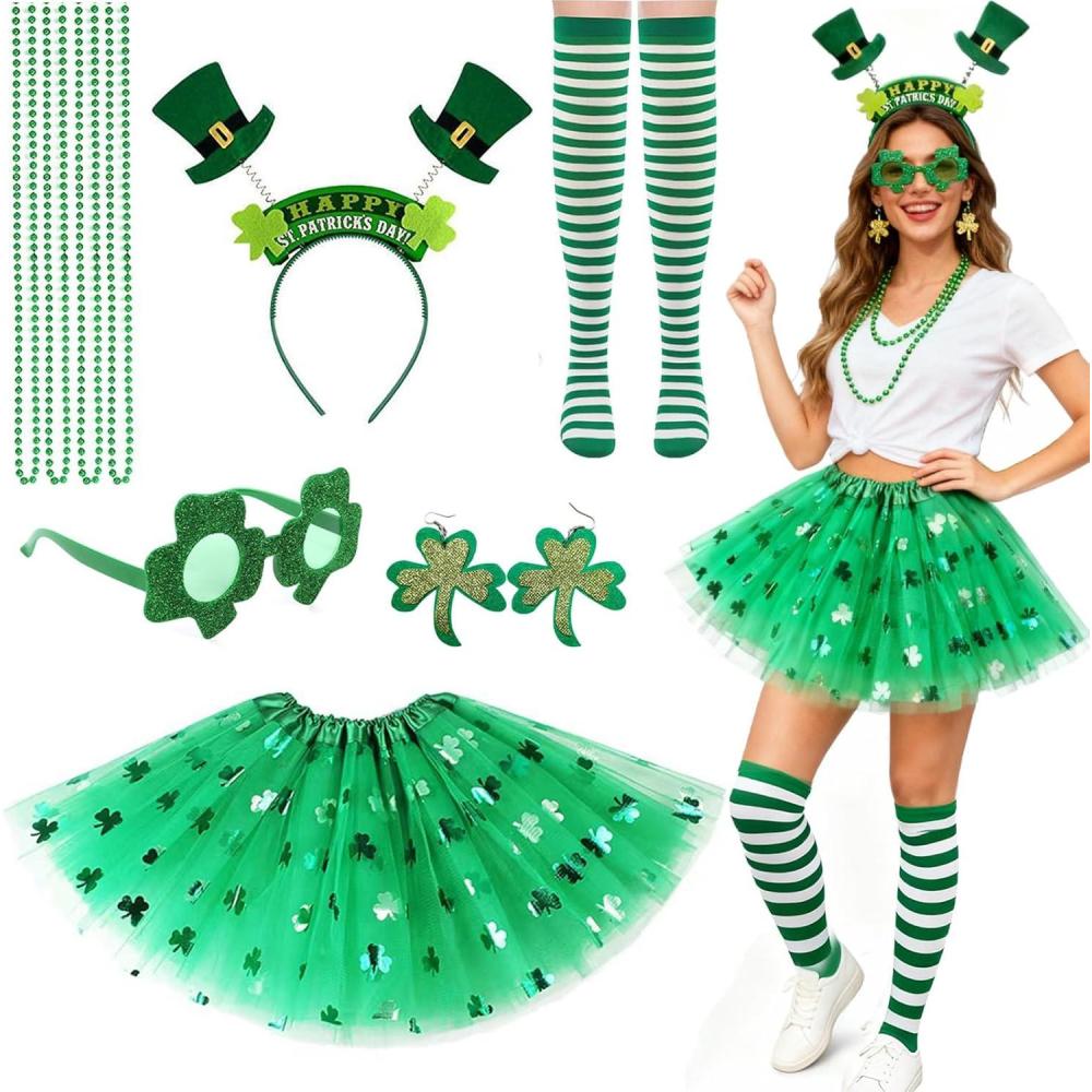 image:imageHifot 8 Pices Deguisement Saint Patrick Tutu St Patricks Day Perles Bandeau Boucles dOreilles Festival Accessoire Costume Irlande Femme