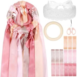 Ensemble de Jeu du Ruban Ronde des Rubans Mariage 15pcs Ruban Satin Bandeau de Yeux Dentelle Anneau Bois Inclus Bouquet Marriage Cadeau EVJF Decoration de Mariage (Vert)(Rose)