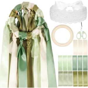Ensemble de Jeu du Ruban Ronde des Rubans Mariage 15pcs Ruban Satin Bandeau de Yeux Dentelle Anneau Bois Inclus Bouquet Marriage Cadeau EVJF Decoration de Mariage (Vert)(Vert)