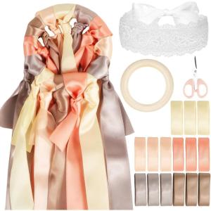 Ensemble de Jeu du Ruban Ronde des Rubans Mariage 15pcs Ruban Satin Bandeau de Yeux Dentelle Anneau Bois Inclus Bouquet Marriage Cadeau EVJF Decoration de Mariage (Vert)(Champagne)