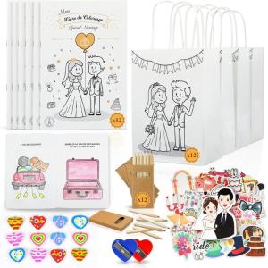 Lot de 12 Kits Cadeau Mariage pour Enfants avec Livres de Coloriage et d&rsquo;Activités, Sacs à Offrir, Crayons – Activités Ludiques pour Occuper les Enfants – Cadeau Original et Accessoires pour la Fête