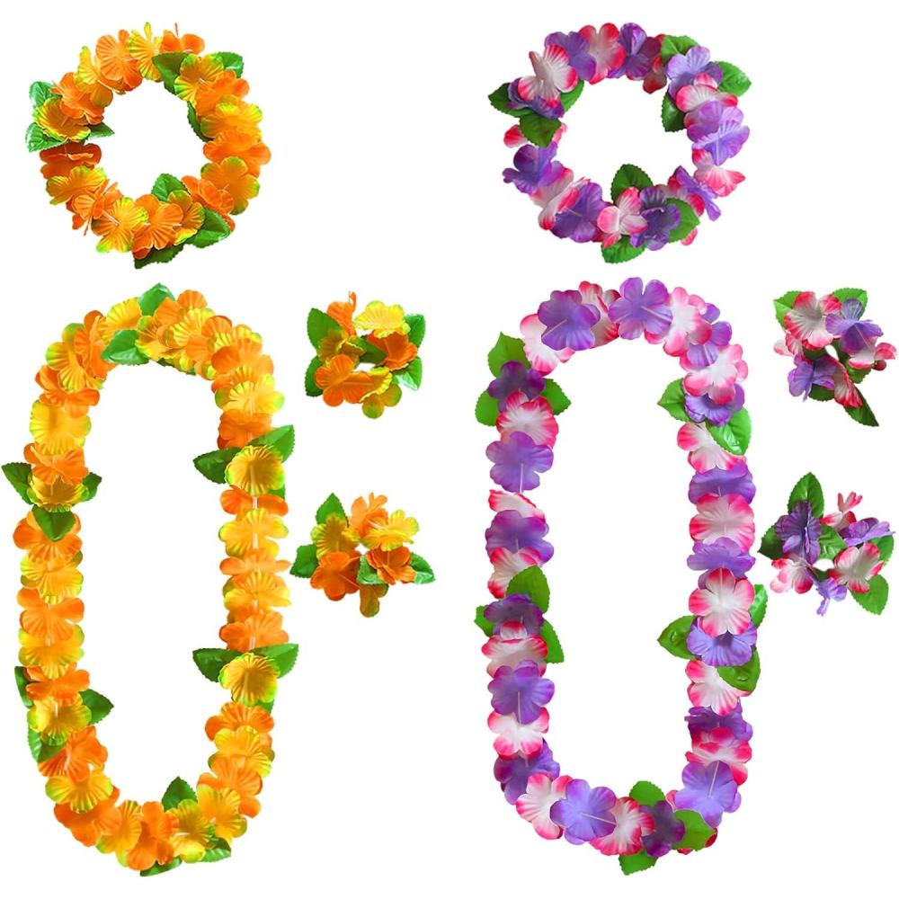 image:imageEnsemble de Colliers de Fleurs Hawaennes avec Collier Bandeau et Bracelet Hawaens Collier Hawaien avec Feuilles Vertes Fournitures pour Ftes Dt sur la Plage Mariage Luau