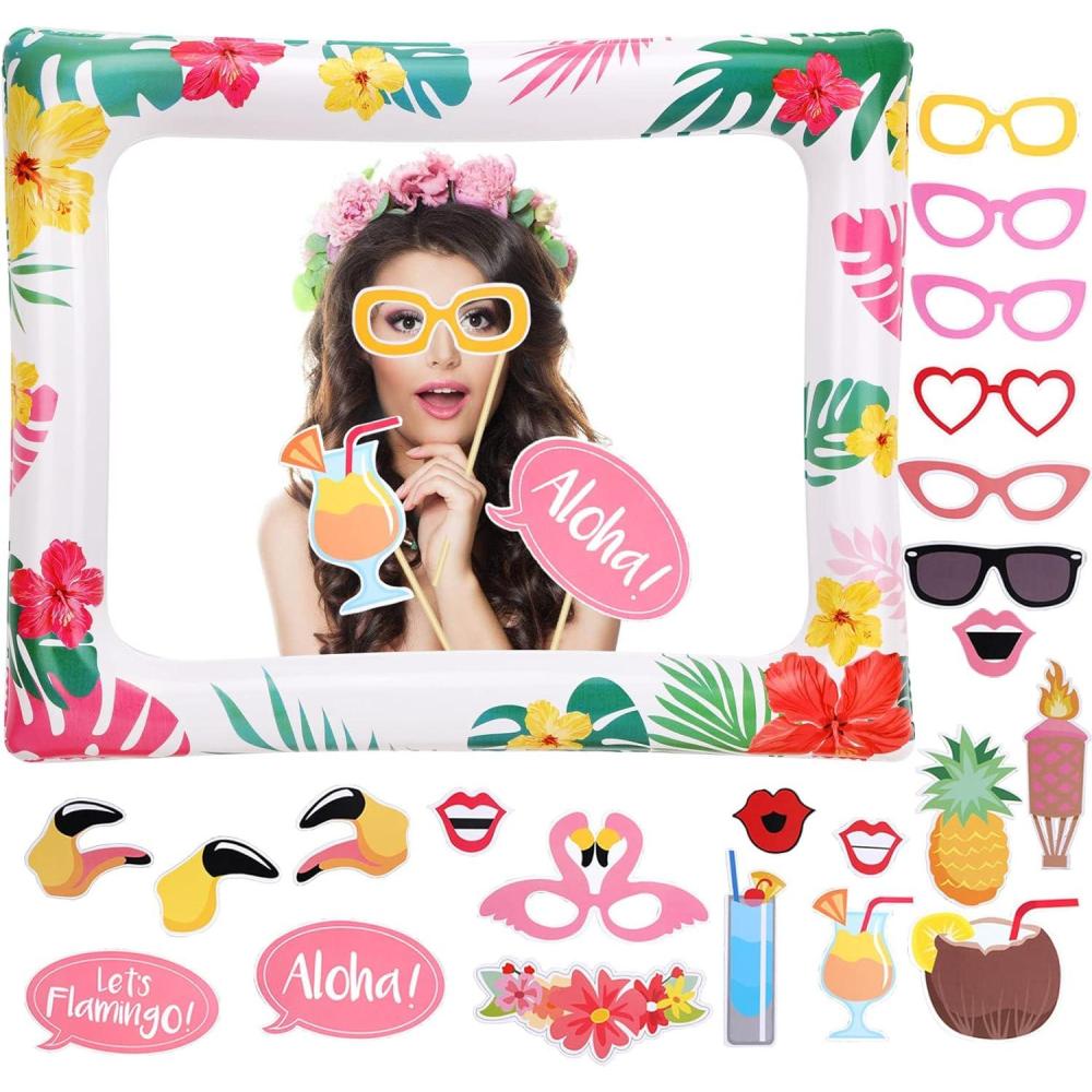 image:imageHOWAF Hawaenne Photo Booth Props 1pcs Gonflable Tropical Photobooth Cadre avec 21pcs Aloha Hawa fte DIY Photo Booth Props Kit Ananas Flamant Palmier Photobooth Accessoires pour Luau Party