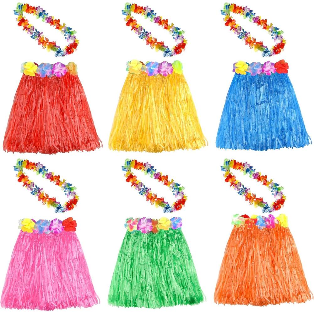 image:imageKUUQA 6 Set 12 PCS Hawaiian Herbe Hula Jupe avec Fleur Leis Collier Hawaii Luau Jupes Collier Costume Dguisements pour Femmes Luau Fte Anniversaire Couleur Alatoire
