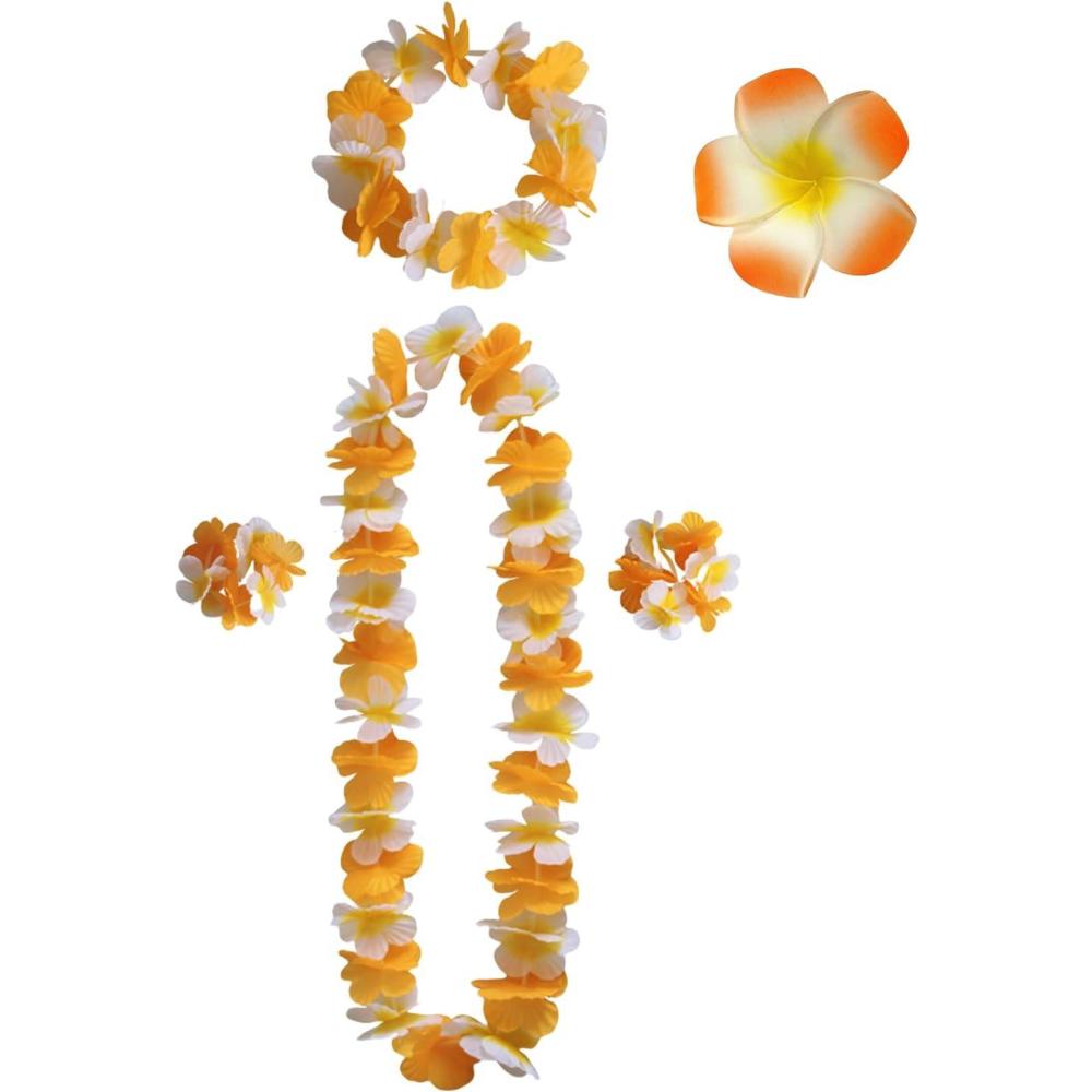 image:imageLilbitty Luau Lot de 5 chanes de fleurs dcoratives avec collier bandeau bracelet pinces  cheveux guirlande de fleurs pour fte hawaenne plage mariage blancOrange Blanc