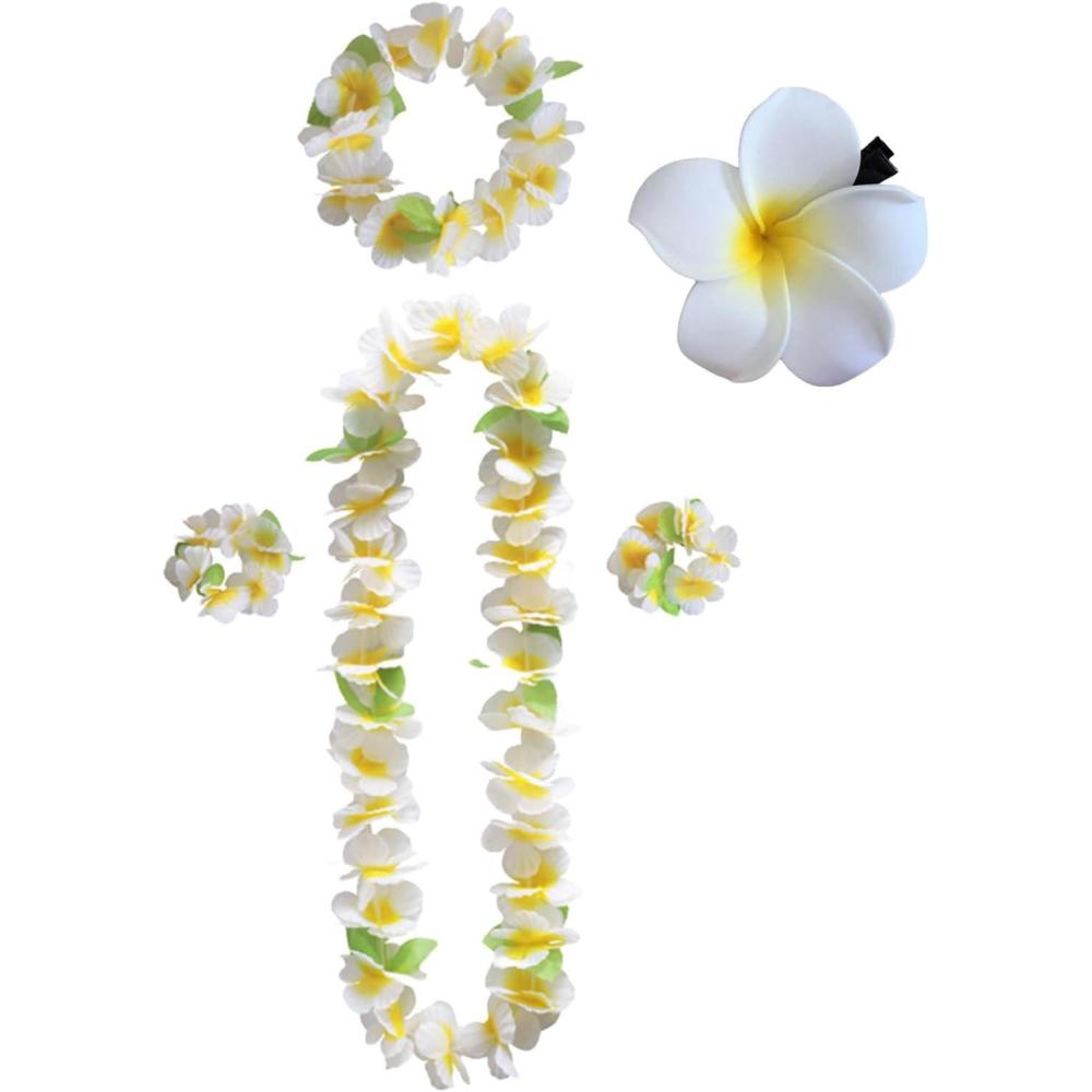 image:imageLilbitty Luau Lot de 5 chanes de fleurs dcoratives avec collier bandeau bracelet pinces  cheveux guirlande de fleurs pour fte hawaenne plage mariage blancVert et blanc