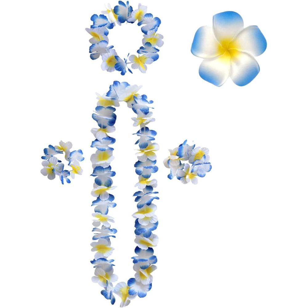 image:imageLilbitty Luau Lot de 5 chanes de fleurs dcoratives avec collier bandeau bracelet pinces  cheveux guirlande de fleurs pour fte hawaenne plage mariage blancBleu et blanc