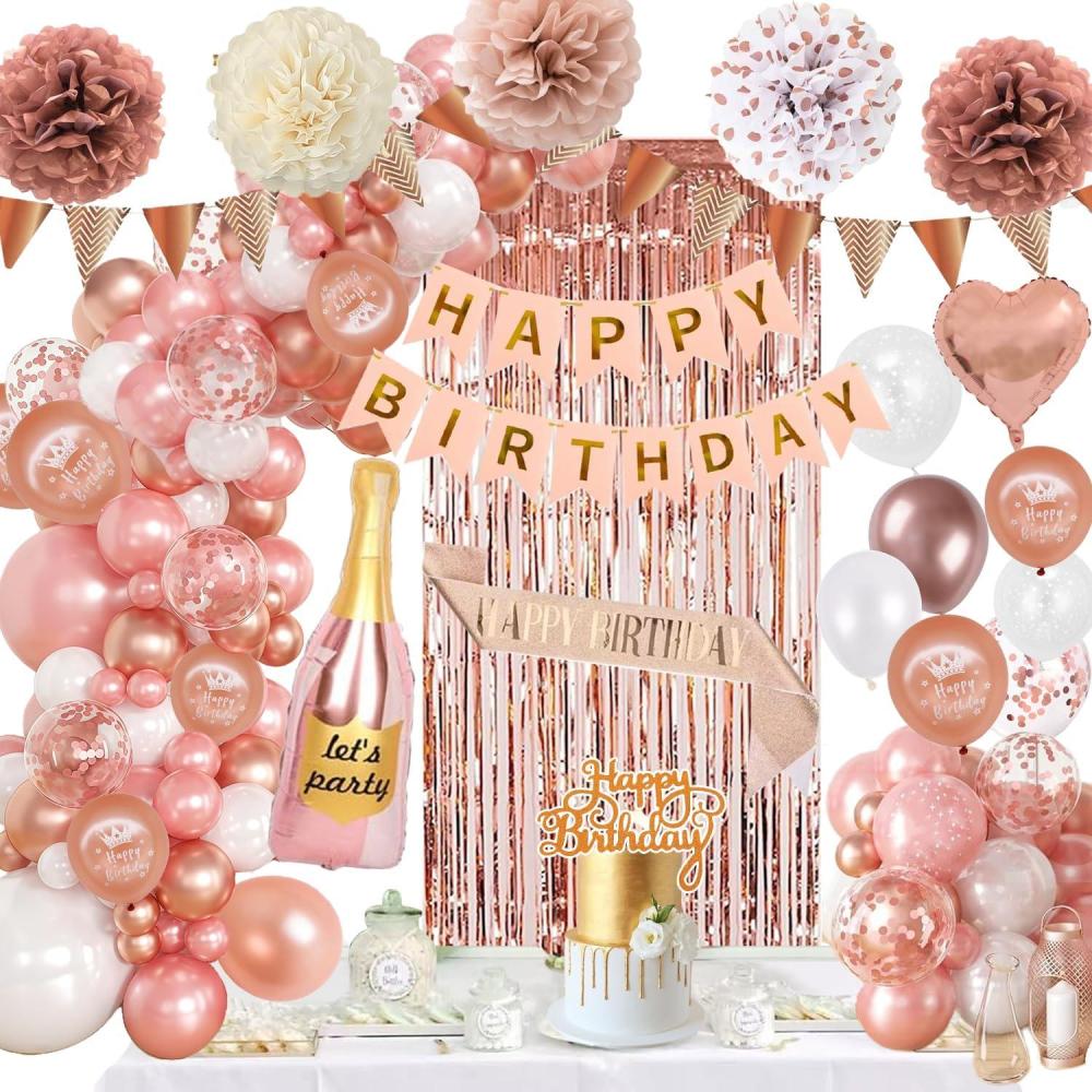 image:imageDecoration Anniversaire Dcorations Beige Blanc Or Ballons Kit avec Banderole Joyeux Pom Poms Confetti Echarpe Rideau pour Fille Femme AnniversaireBlanc Or Rose