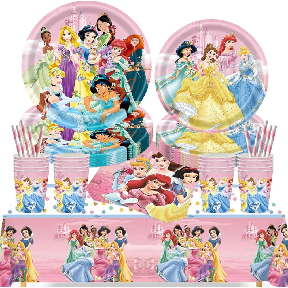 image:imageLot de 61 vaisselle de fte danniversaire au thme princesse avec assiettes gobelets serviettes nappe pailles vaisselle de fte pour 10 invits